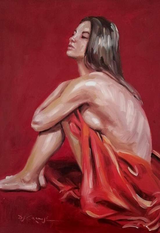 Nude in red, oil painting by Danie Cronje on canvas sheet, unframed