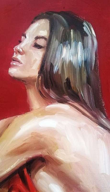 Nude in red, oil painting by Danie Cronje on canvas sheet, unframed