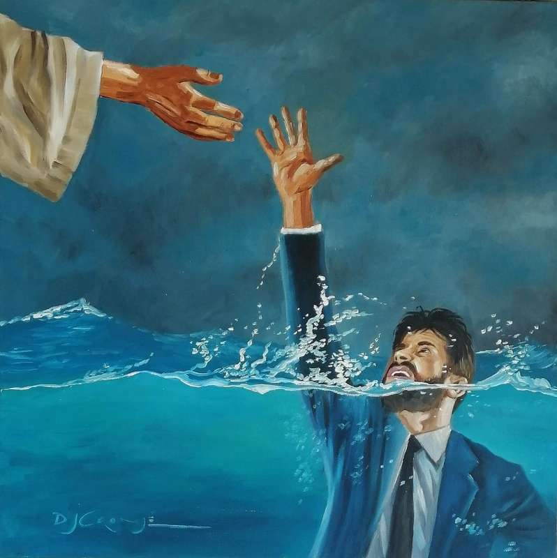 Helping hand, oil painting by Danie Cronje on blocked canvas
