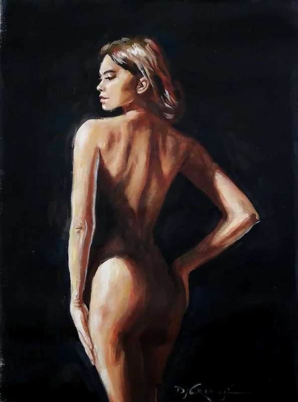 Nude on black background, oil painting by Danie Cronje on canvas sheet, unframed