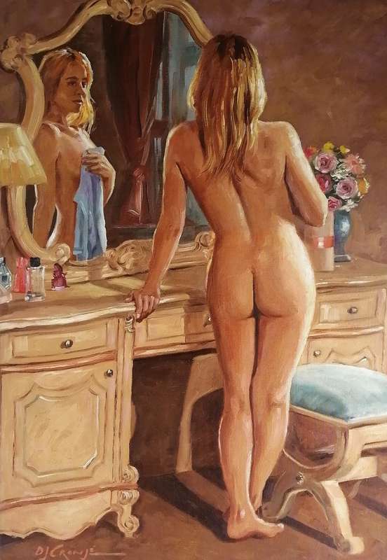 Nude in bedroom, oil painting by Danie Cronje on canvas panel, unframed