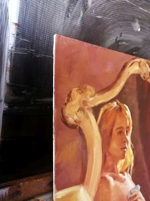 Nude in bedroom, oil painting by Danie Cronje on canvas panel, unframed