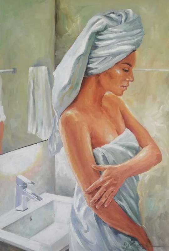 Bathroom, oil painting by Danie Cronje on canvas sheet, unframed