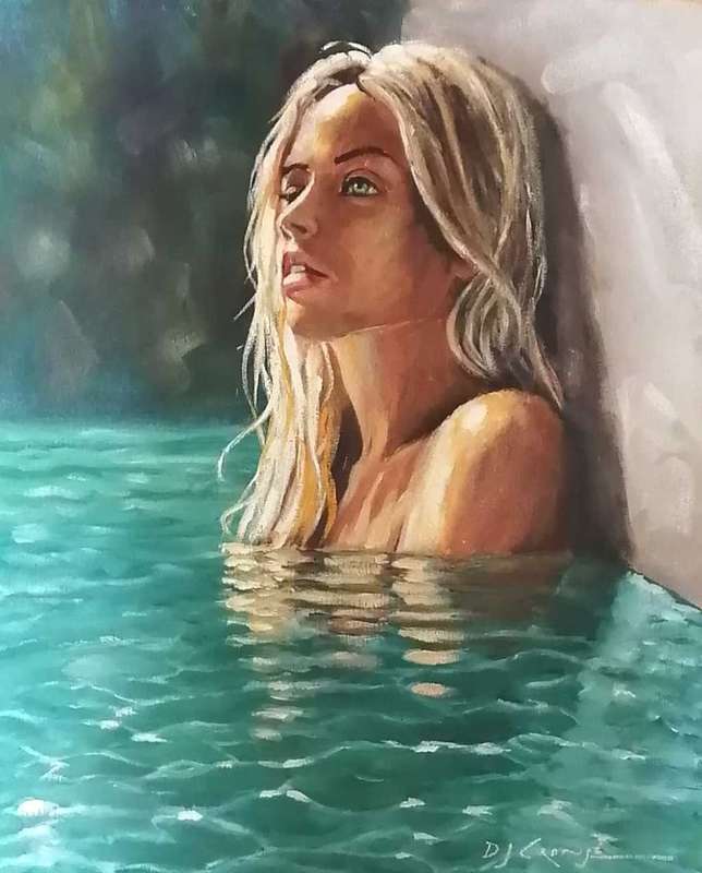 The pool, oil painting by Danie Cronje on blocked canvas