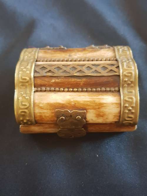 Vintage hand carved Camel bone Jewellery box with brass