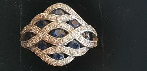 18ct white gold wave cluster ring with natural diamonds and genuine sapphires -numbered