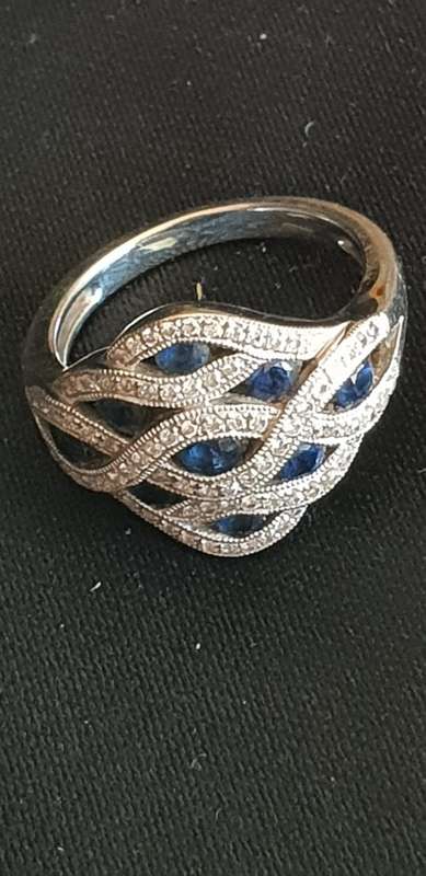 18ct white gold wave cluster ring with natural diamonds and genuine sapphires -numbered