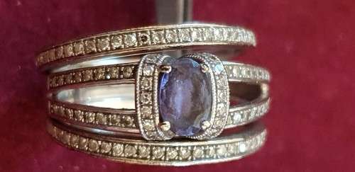 BRIDAL GENUINE 9CT(375) WHITE GOLD AND 108 X DIAMONDS & TANZANITE TRIO SET RING