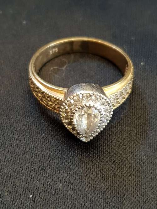 9ct gold and Pear shaped Cubic Zirconia Halo Engagement Ring