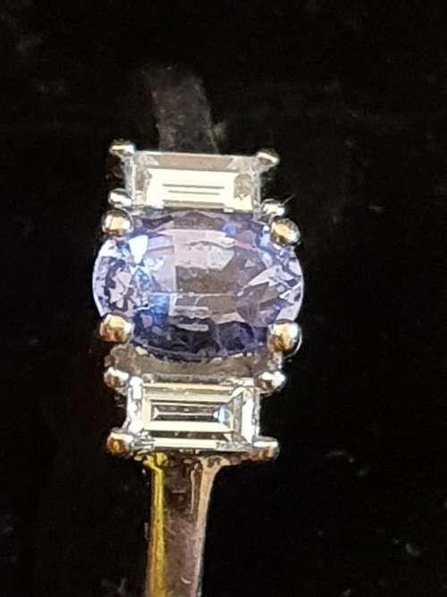 18ct White gold natural Diamond and Tanzanite Trilogy Ring