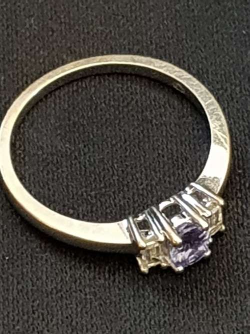 18ct White gold natural Diamond and Tanzanite Trilogy Ring