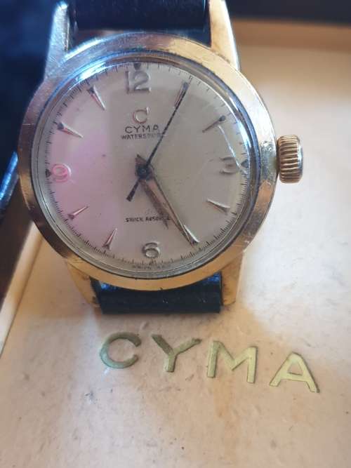 Vintage Cyma by Omega Watersport shock absorber 40 micron rolled gold watch in original box