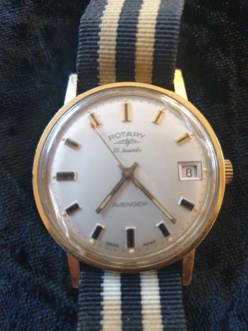 Vintage 17Jewel  Rotary Avenger Swiss made watch- original canvas striped strap early 1970`s