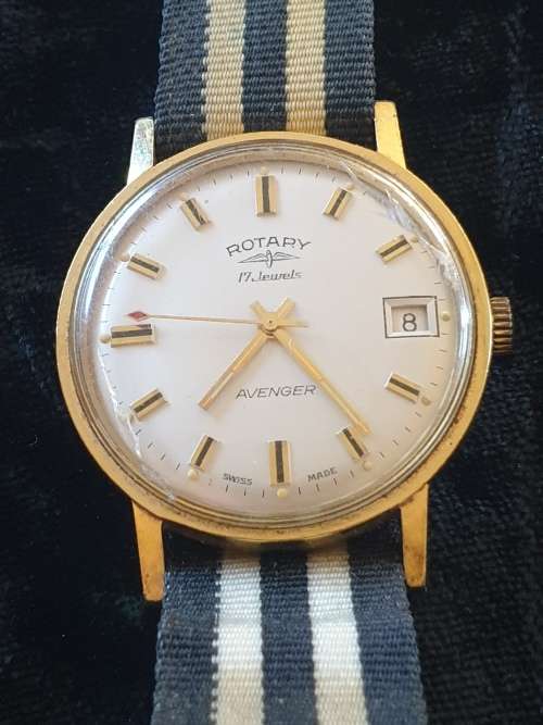 Vintage 17Jewel  Rotary Avenger Swiss made watch- original canvas striped strap early 1970`s
