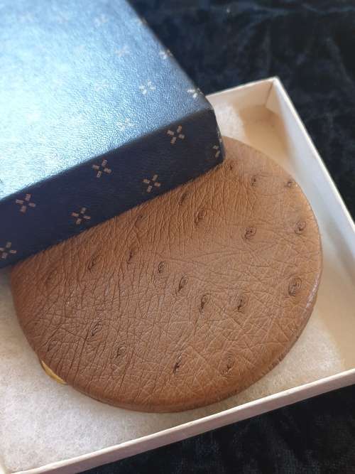 Vintage ostrich leather powder compact with original box