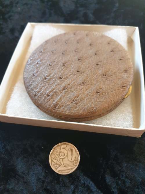 Vintage ostrich leather powder compact with original box