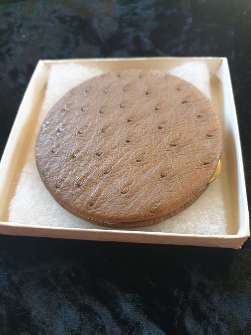 Vintage ostrich leather powder compact with original box