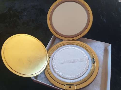 Vintage ostrich leather powder compact with original box
