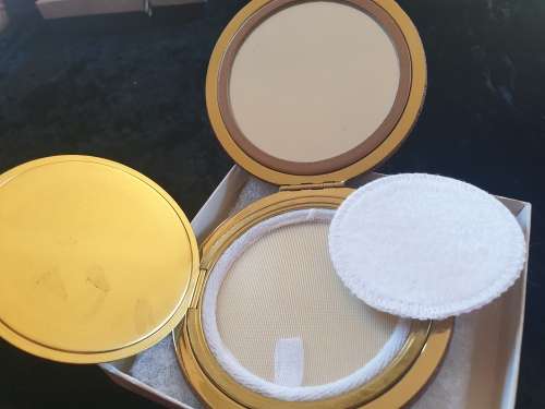 Vintage ostrich leather powder compact with original box