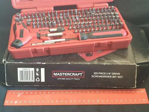 Master-craft 123  piece 1/4 ` drive screwdriver bit set with handle in plastic carry case