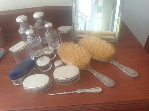 Stunning antique dressing table set, solid silver-16 piece with solid silver mirror