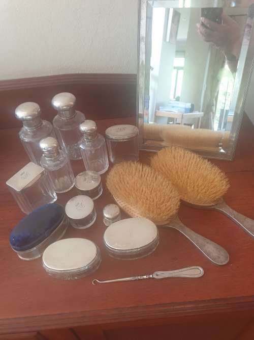 Stunning antique dressing table set, solid silver-16 piece with solid silver mirror
