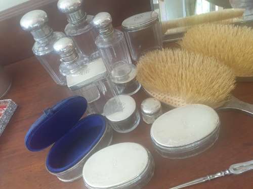 Stunning antique dressing table set, solid silver-16 piece with solid silver mirror