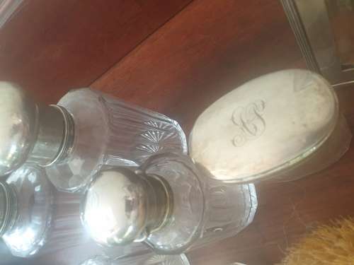 Stunning antique dressing table set, solid silver-16 piece with solid silver mirror