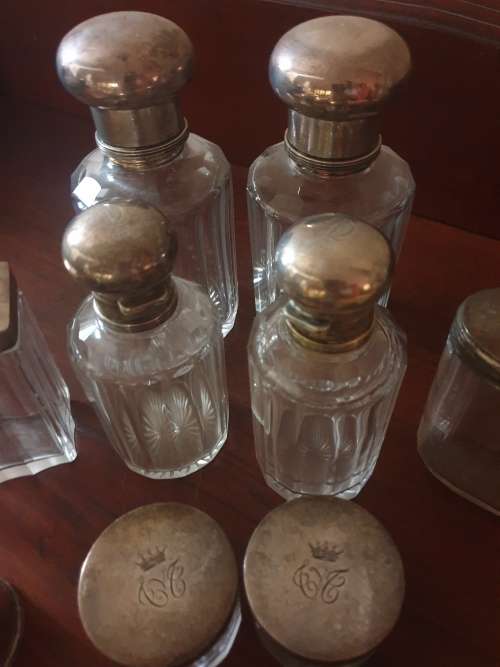 Stunning antique dressing table set, solid silver-16 piece with solid silver mirror