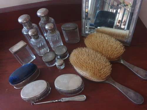 Stunning antique dressing table set, solid silver-16 piece with solid silver mirror