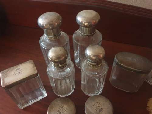 Stunning antique dressing table set, solid silver-16 piece with solid silver mirror