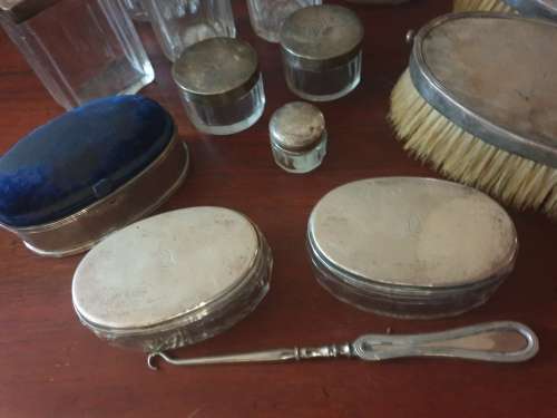 Stunning antique dressing table set, solid silver-16 piece with solid silver mirror