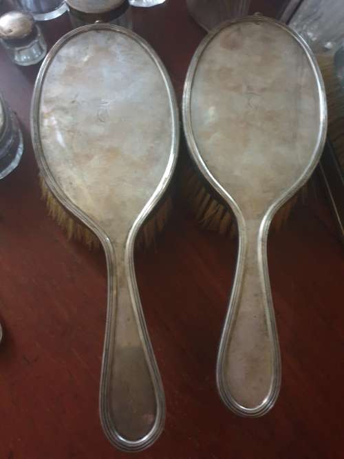 Stunning antique dressing table set, solid silver-16 piece with solid silver mirror