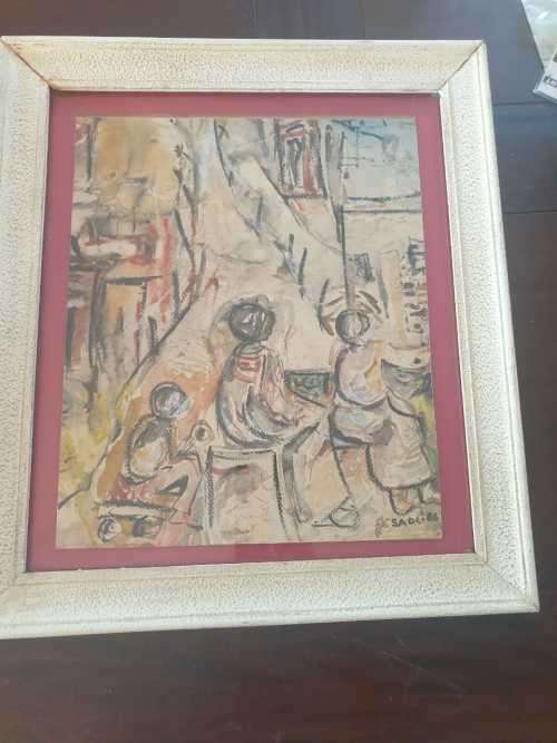 Winston Saoli charcoal Painting in white frame