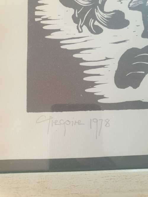 GREGOIRE BOONZAIER BLACK AND WHITE LINO-CUT HIBISCUS FLOWERS SIGNED AND DATED 1978 IN FRAME