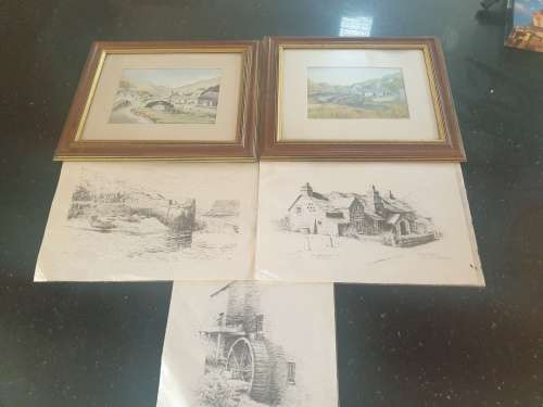 Bostcastle, Cornwall 2 watercolour paintings by John Bathgate&  3 old sketch  prints