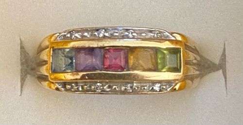 Stunning multicoloured gem stone ring in 9ct yellow gold with 8 diamonds on the sides