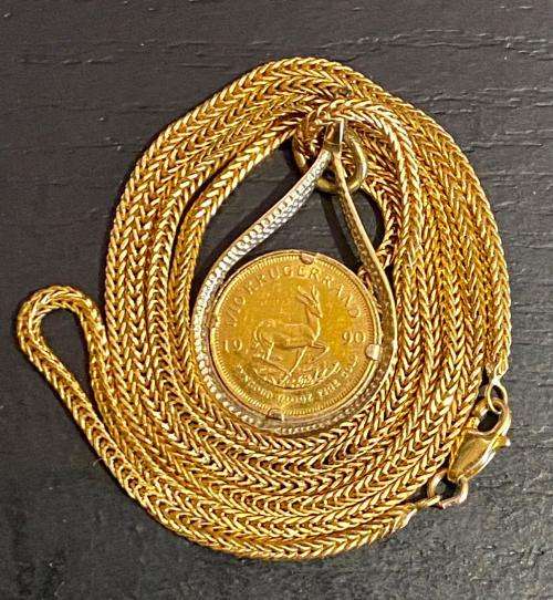 18ct rare foxtail style chain with 1/10 kruger coin pendant set in 18ct