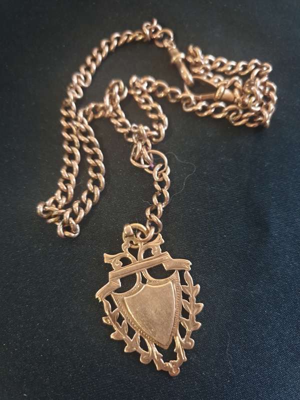 Solid Victorian Edwardian antique chain in rose gold with medallion pendant each link is stamped