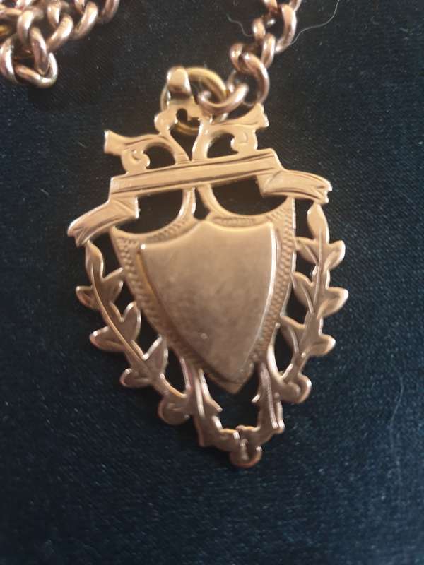 Solid Victorian Edwardian antique chain in rose gold with medallion pendant each link is stamped
