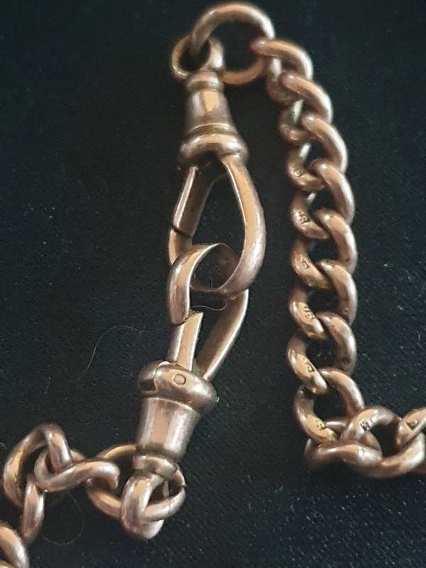 Solid Victorian Edwardian antique chain in rose gold with medallion pendant each link is stamped
