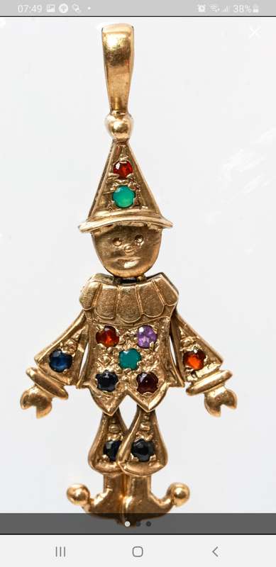 9ct gold clown Vintage with Ruby/Amethyst/Emerald/dark sapphire-moving limbs and head