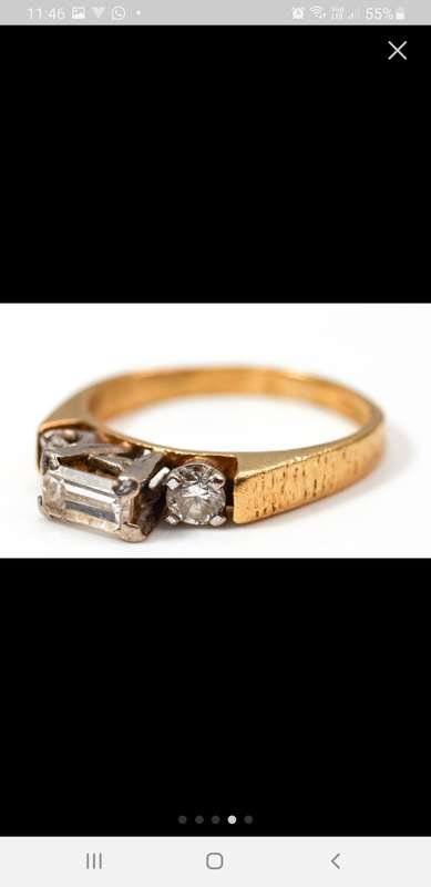 Genuine 18ct and 1/2 carat straight baguette cut Diamond Ring with 2 round cut diamond either side