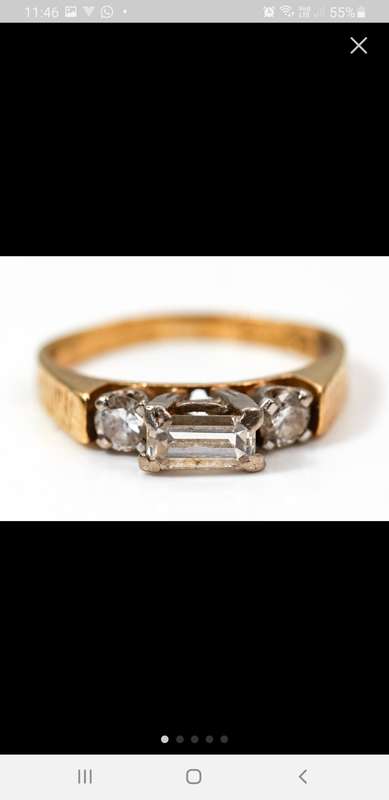 Genuine 18ct and 1/2 carat straight baguette cut Diamond Ring with 2 round cut diamond either side