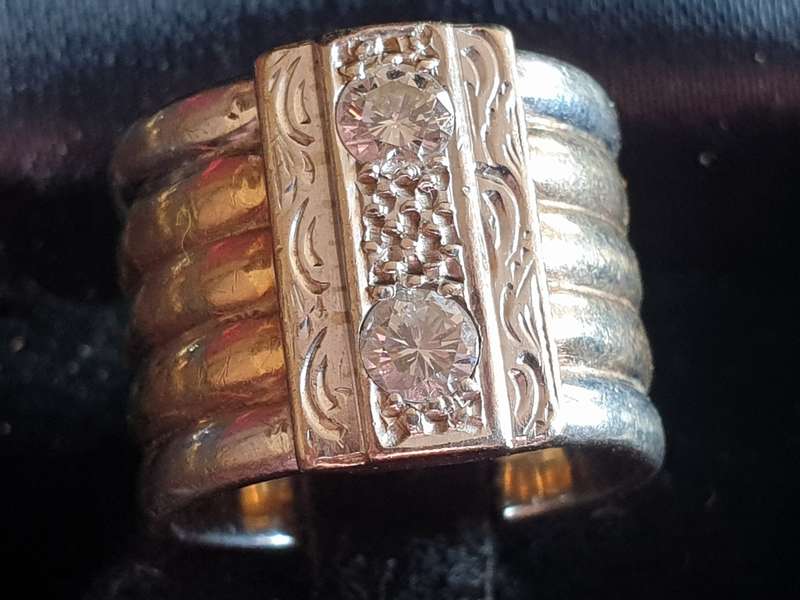 9ct solid yellow and white gold and diamond broad ring