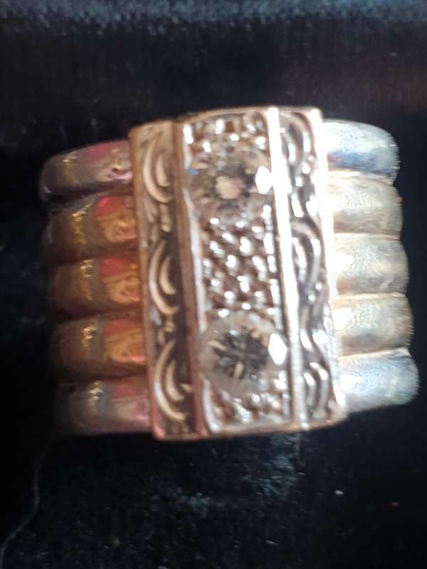 9ct solid yellow and white gold and diamond broad ring