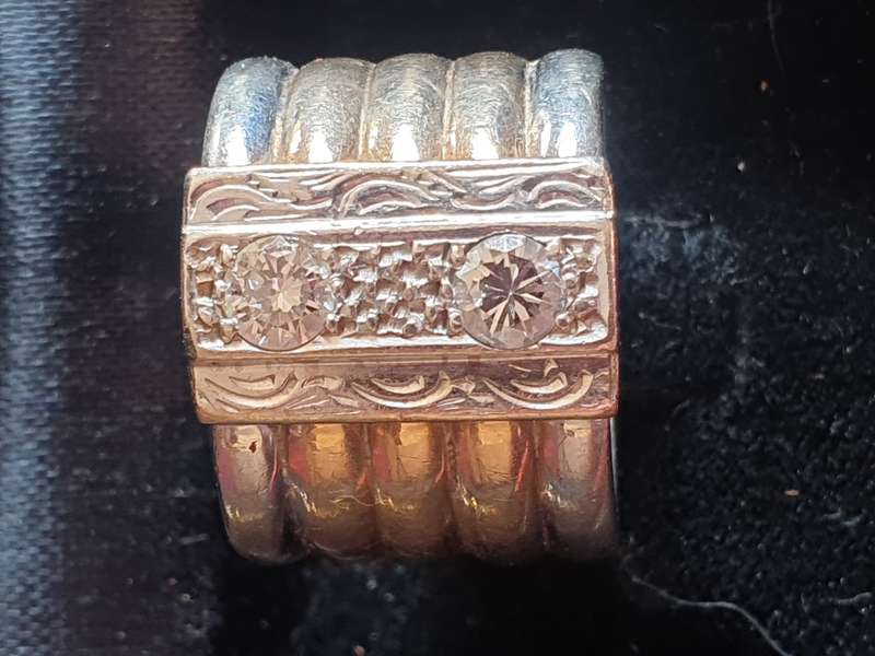 9ct solid yellow and white gold and diamond broad ring