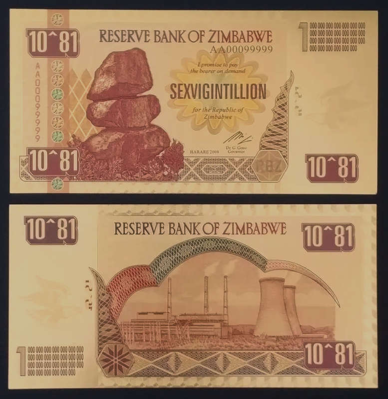 Zimbabwe Sexvigintillion 10`81 Dollars - Memorabilia - 24 Carat Gold