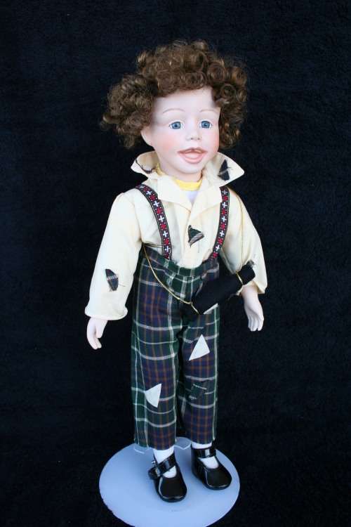 PORCELAIN BOY/GIRL  DOLL--FULLY DRESSED WITH STAND