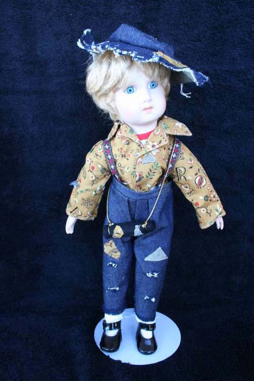 PORCELAIN BOY/GIRL  DOLL--FULLY DRESSED WITH STAND